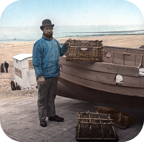 Cromer is perhaps best known for its crabs, so a fisherman, with one of the newly introduced crab pots, was the natural choice for a picture.