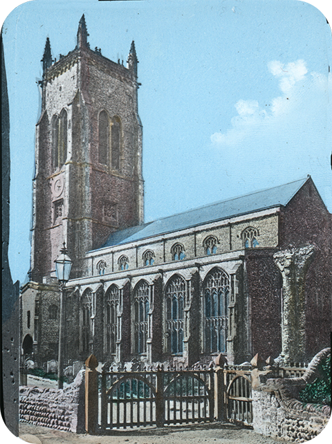 Cromer church is over 50 metres tall. This slide, from about 1880, illustrates the period when it was being restored, before the chancel was rebuilt.